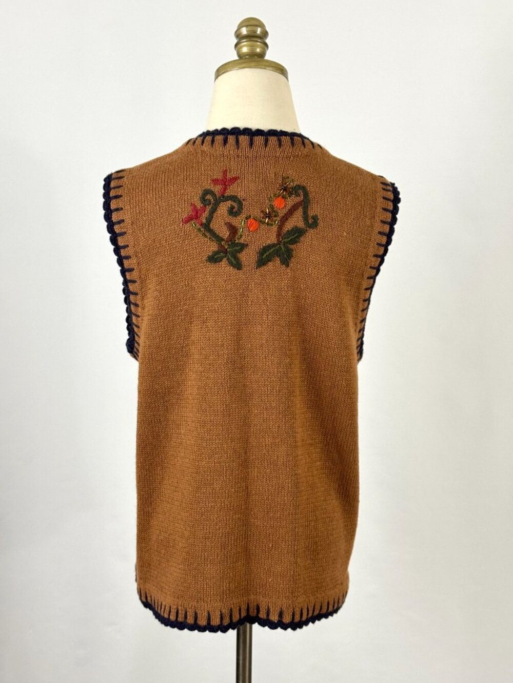 Vtg 90s Autumn Folk Floral Applique Knit Sweater Vest Fall Leaves Brown Orange - Picture 7 of 9